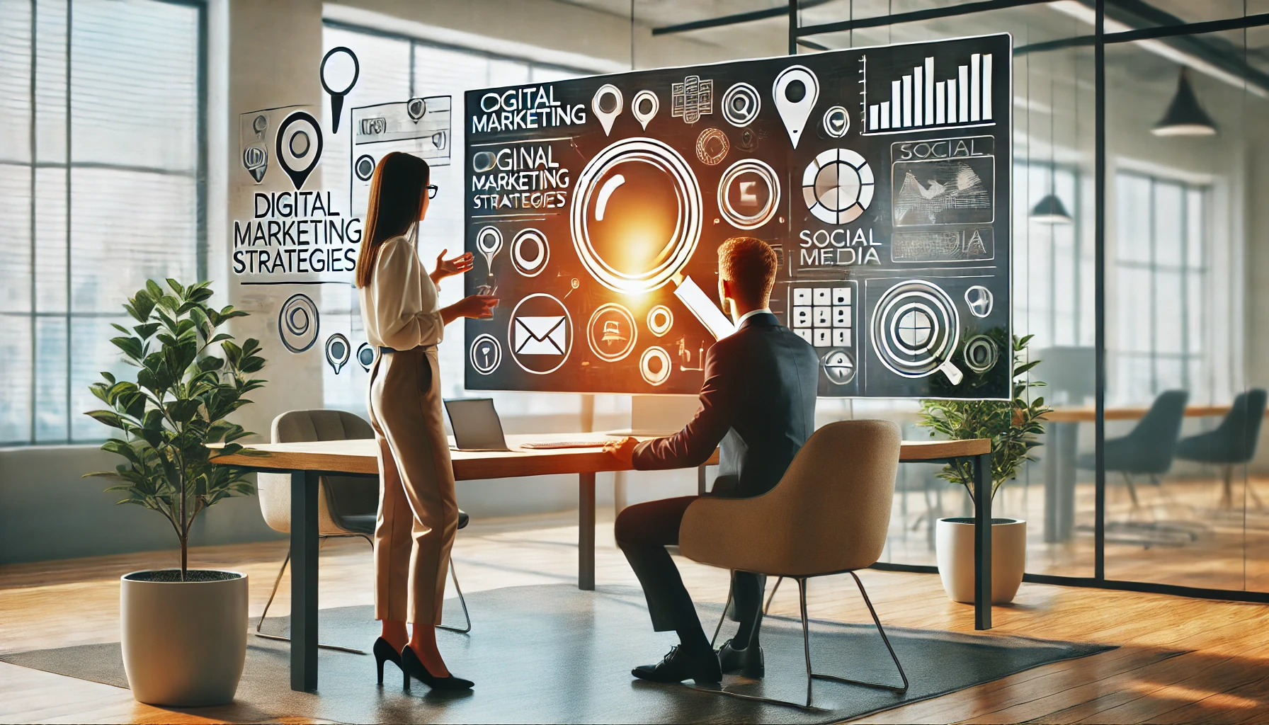 Illustration of two businessmen discussing digital marketing strategies in front of a computer screen displaying various online marketing icons.